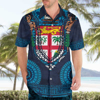 Fiji Coat of Arms Traditional Dashiki Hawaiian Shirt Tapa Art and Palm Leaves Pattern Dark Navy Color LT03 - Polynesian Pride