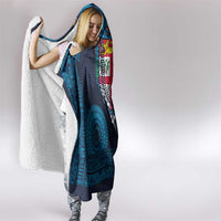 Fiji Coat of Arms Traditional Dashiki Hooded Blanket Tapa Art and Palm Leaves Pattern Dark Navy Color LT03 - Polynesian Pride