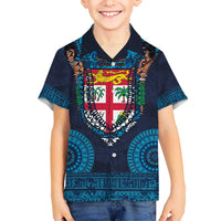Fiji Coat of Arms Traditional Dashiki Kid Hawaiian Shirt Tapa Art and Palm Leaves Pattern Dark Navy Color LT03 Kid Navy - Polynesian Pride