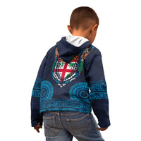 Fiji Coat of Arms Traditional Dashiki Kid Hoodie Tapa Art and Palm Leaves Pattern Dark Navy Color LT03 - Polynesian Pride