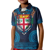 Fiji Coat of Arms Traditional Dashiki Kid Polo Shirt Tapa Art and Palm Leaves Pattern Dark Navy Color LT03 Kid Navy - Polynesian Pride