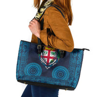 Fiji Coat of Arms Traditional Dashiki Leather Tote Bag Tapa Art and Palm Leaves Pattern Dark Navy Color LT03 Navy - Polynesian Pride