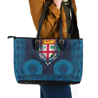 Fiji Coat of Arms Traditional Dashiki Leather Tote Bag Tapa Art and Palm Leaves Pattern Dark Navy Color LT03 - Polynesian Pride