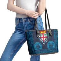 Fiji Coat of Arms Traditional Dashiki Leather Tote Bag Tapa Art and Palm Leaves Pattern Dark Navy Color LT03 - Polynesian Pride