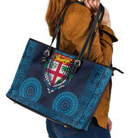 Fiji Coat of Arms Traditional Dashiki Leather Tote Bag Tapa Art and Palm Leaves Pattern Dark Navy Color LT03 - Polynesian Pride