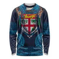Fiji Coat of Arms Traditional Dashiki Long Sleeve Shirt Tapa Art and Palm Leaves Pattern Dark Navy Color LT03 Unisex Navy - Polynesian Pride