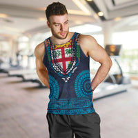Fiji Coat of Arms Traditional Dashiki Men Tank Top Tapa Art and Palm Leaves Pattern Dark Navy Color LT03 Navy - Polynesian Pride