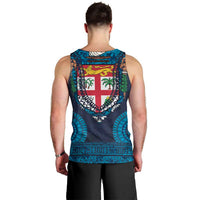 Fiji Coat of Arms Traditional Dashiki Men Tank Top Tapa Art and Palm Leaves Pattern Dark Navy Color LT03 - Polynesian Pride