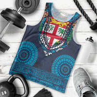Fiji Coat of Arms Traditional Dashiki Men Tank Top Tapa Art and Palm Leaves Pattern Dark Navy Color LT03 - Polynesian Pride