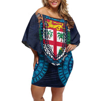 Fiji Coat of Arms Traditional Dashiki Off Shoulder Short Dress Tapa Art and Palm Leaves Pattern Dark Navy Color LT03 Women Navy - Polynesian Pride