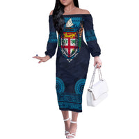 Fiji Coat of Arms Traditional Dashiki Off The Shoulder Long Sleeve Dress Tapa Art and Palm Leaves Pattern Dark Navy Color LT03 Women Navy - Polynesian Pride