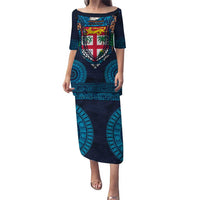 Fiji Coat of Arms Traditional Dashiki Puletasi Tapa Art and Palm Leaves Pattern Dark Navy Color LT03 Long Dress Navy - Polynesian Pride