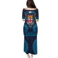 Fiji Coat of Arms Traditional Dashiki Puletasi Tapa Art and Palm Leaves Pattern Dark Navy Color LT03 - Polynesian Pride