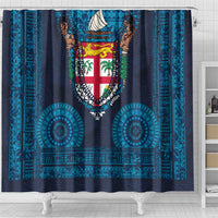 Fiji Coat of Arms Traditional Dashiki Shower Curtain Tapa Art and Palm Leaves Pattern Dark Navy Color LT03 - Polynesian Pride