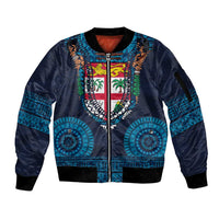 Fiji Coat of Arms Traditional Dashiki Sleeve Zip Bomber Jacket Tapa Art and Palm Leaves Pattern Dark Navy Color LT03 Unisex Navy - Polynesian Pride