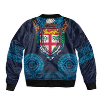 Fiji Coat of Arms Traditional Dashiki Sleeve Zip Bomber Jacket Tapa Art and Palm Leaves Pattern Dark Navy Color LT03 - Polynesian Pride