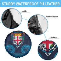 Fiji Coat of Arms Traditional Dashiki Spare Tire Cover Tapa Art and Palm Leaves Pattern Dark Navy Color LT03 - Polynesian Pride
