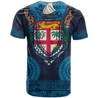 Fiji Coat of Arms Traditional Dashiki T Shirt Tapa Art and Palm Leaves Pattern Dark Navy Color LT03 - Polynesian Pride