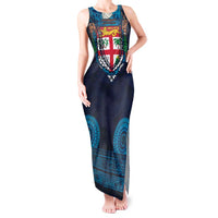 Fiji Coat of Arms Traditional Dashiki Tank Maxi Dress Tapa Art and Palm Leaves Pattern Dark Navy Color LT03 Women Navy - Polynesian Pride