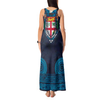 Fiji Coat of Arms Traditional Dashiki Tank Maxi Dress Tapa Art and Palm Leaves Pattern Dark Navy Color LT03 - Polynesian Pride