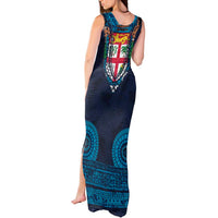 Fiji Coat of Arms Traditional Dashiki Tank Maxi Dress Tapa Art and Palm Leaves Pattern Dark Navy Color LT03 - Polynesian Pride