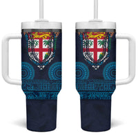 Fiji Coat of Arms Traditional Dashiki Tumbler With Handle Tapa Art and Palm Leaves Pattern Dark Navy Color LT03 One Size: 40 oz Navy - Polynesian Pride