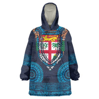 Fiji Coat of Arms Traditional Dashiki Wearable Blanket Hoodie Tapa Art and Palm Leaves Pattern Dark Navy Color LT03 One Size Navy - Polynesian Pride