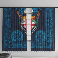 Fiji Coat of Arms Traditional Dashiki Window Curtain Tapa Art and Palm Leaves Pattern Dark Navy Color LT03 With Hooks Navy - Polynesian Pride