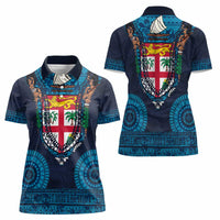 Fiji Coat of Arms Traditional Dashiki Women Polo Shirt Tapa Art and Palm Leaves Pattern Dark Navy Color - Polynesian Pride