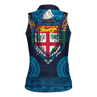 Fiji Coat of Arms Traditional Dashiki Women Sleeveless Polo Shirt Tapa Art and Palm Leaves Pattern Dark Navy Color LT03 - Polynesian Pride