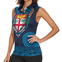 Fiji Coat of Arms Traditional Dashiki Women Sleeveless Polo Shirt Tapa Art and Palm Leaves Pattern Dark Navy Color LT03 - Polynesian Pride