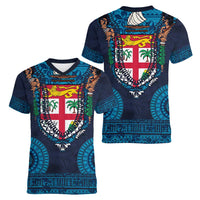 Fiji Coat of Arms Traditional Dashiki Women V-Neck T-Shirt Tapa Art and Palm Leaves Pattern Dark Navy Color LT03 - Polynesian Pride