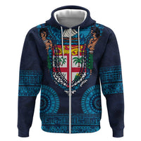 Fiji Coat of Arms Traditional Dashiki Zip Hoodie Tapa Art and Palm Leaves Pattern Dark Navy Color LT03 Zip Hoodie Navy - Polynesian Pride