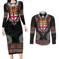 Fiji Coat of Arms Traditional Dashiki Couples Matching Long Sleeve Bodycon Dress and Long Sleeve Button Shirt Tapa Art and Palm Leaves Pattern Black Color LT03 Black - Polynesian Pride