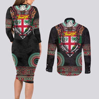 Fiji Coat of Arms Traditional Dashiki Couples Matching Long Sleeve Bodycon Dress and Long Sleeve Button Shirt Tapa Art and Palm Leaves Pattern Black Color LT03 - Polynesian Pride