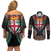 Fiji Coat of Arms Traditional Dashiki Couples Matching Off Shoulder Short Dress and Long Sleeve Button Shirt Tapa Art and Palm Leaves Pattern Black Color LT03 - Polynesian Pride