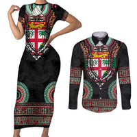 Fiji Coat of Arms Traditional Dashiki Couples Matching Short Sleeve Bodycon Dress and Long Sleeve Button Shirt Tapa Art and Palm Leaves Pattern Black Color LT03 Black - Polynesian Pride