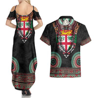 Fiji Coat of Arms Traditional Dashiki Couples Matching Summer Maxi Dress and Hawaiian Shirt Tapa Art and Palm Leaves Pattern Black Color LT03 - Polynesian Pride