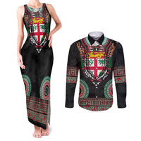 Fiji Coat of Arms Traditional Dashiki Couples Matching Tank Maxi Dress and Long Sleeve Button Shirt Tapa Art and Palm Leaves Pattern Black Color LT03 Black - Polynesian Pride