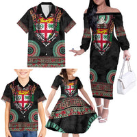 Fiji Coat of Arms Traditional Dashiki Family Matching Off The Shoulder Long Sleeve Dress and Hawaiian Shirt Tapa Art and Palm Leaves Pattern Black Color LT03 - Polynesian Pride