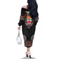 Fiji Coat of Arms Traditional Dashiki Family Matching Off The Shoulder Long Sleeve Dress and Hawaiian Shirt Tapa Art and Palm Leaves Pattern Black Color LT03 - Polynesian Pride