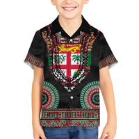 Fiji Coat of Arms Traditional Dashiki Family Matching Off The Shoulder Long Sleeve Dress and Hawaiian Shirt Tapa Art and Palm Leaves Pattern Black Color LT03 Son's Shirt Black - Polynesian Pride