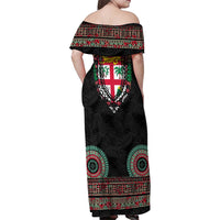 Fiji Coat of Arms Traditional Dashiki Family Matching Off Shoulder Maxi Dress and Hawaiian Shirt Tapa Art and Palm Leaves Pattern Black Color LT03 - Polynesian Pride