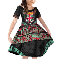Fiji Coat of Arms Traditional Dashiki Family Matching Off Shoulder Short Dress and Hawaiian Shirt Tapa Art and Palm Leaves Pattern Black Color LT03 Daughter's Dress Black - Polynesian Pride