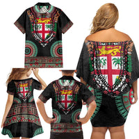 Fiji Coat of Arms Traditional Dashiki Family Matching Off Shoulder Short Dress and Hawaiian Shirt Tapa Art and Palm Leaves Pattern Black Color LT03 - Polynesian Pride
