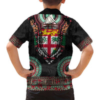 Fiji Coat of Arms Traditional Dashiki Family Matching Puletasi and Hawaiian Shirt Tapa Art and Palm Leaves Pattern Black Color LT03 - Polynesian Pride