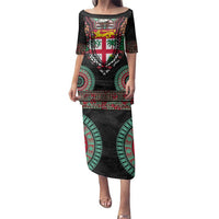 Fiji Coat of Arms Traditional Dashiki Family Matching Puletasi and Hawaiian Shirt Tapa Art and Palm Leaves Pattern Black Color LT03 Mom's Dress Black - Polynesian Pride