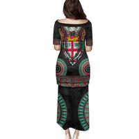 Fiji Coat of Arms Traditional Dashiki Family Matching Puletasi and Hawaiian Shirt Tapa Art and Palm Leaves Pattern Black Color LT03 - Polynesian Pride