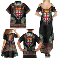 Fiji Coat of Arms Traditional Dashiki Family Matching Summer Maxi Dress and Hawaiian Shirt Tapa Art and Palm Leaves Pattern Black Color LT03 - Polynesian Pride