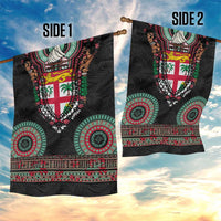Fiji Coat of Arms Traditional Dashiki Garden Flag Tapa Art and Palm Leaves Pattern Black Color LT03 - Polynesian Pride